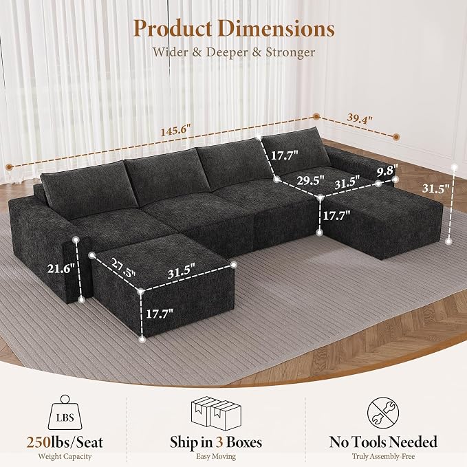 Vesgantti 145.6" Modular Boneless Couch, Modern U Shaped 6 Seater Sectional Sofa - Image 2