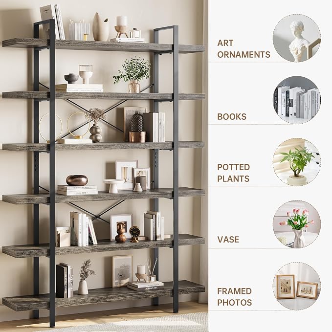 OtterOasis Bookshelf Set, Heavy Duty 6-Tier Industrial Bookcase, 120lbs Shelf - Image 3