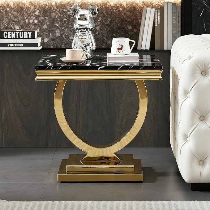 Henf Marble End Table Modern Black Faux Marble Sofa Side Table - Image 3