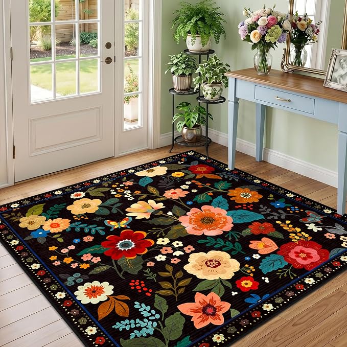 RELEANY Floral Washable Square 4ft Area Rug Black | Flower Carpet Print Boho by RELEANY