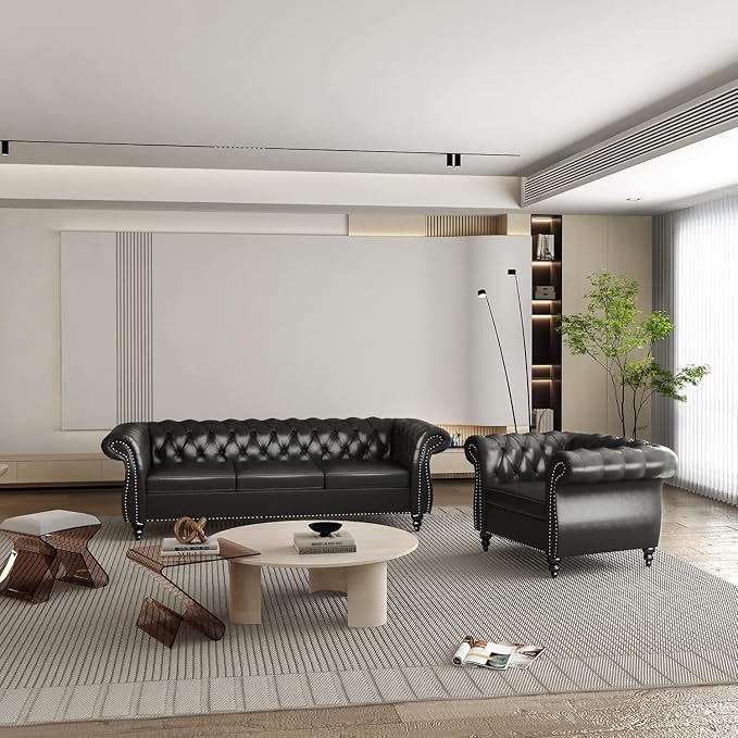 Chesterfield 3 Seater Sofa, Modern Leather Tufted Couch 3 Seater - Image 6