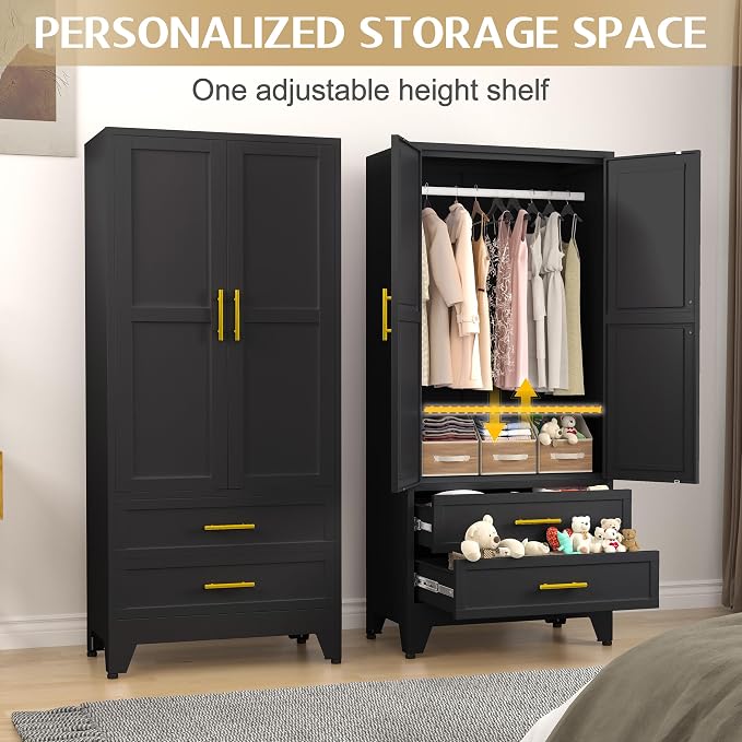 GAIOUS Steel Armoire Wardrobe Closet, 1 Adjustable Shelf and 2 Drawers - Image 3