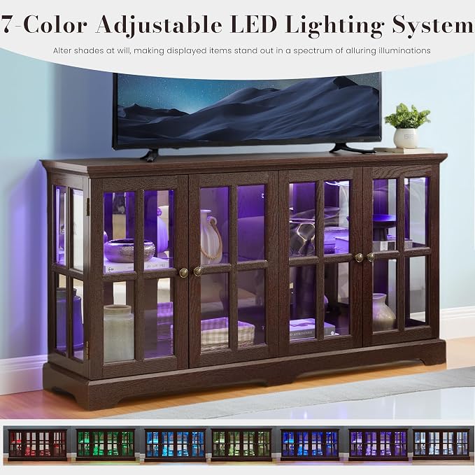 59" W LED Curio Cabinet with 7 Color Lights, Vintage Glass Display Case with - Image 3