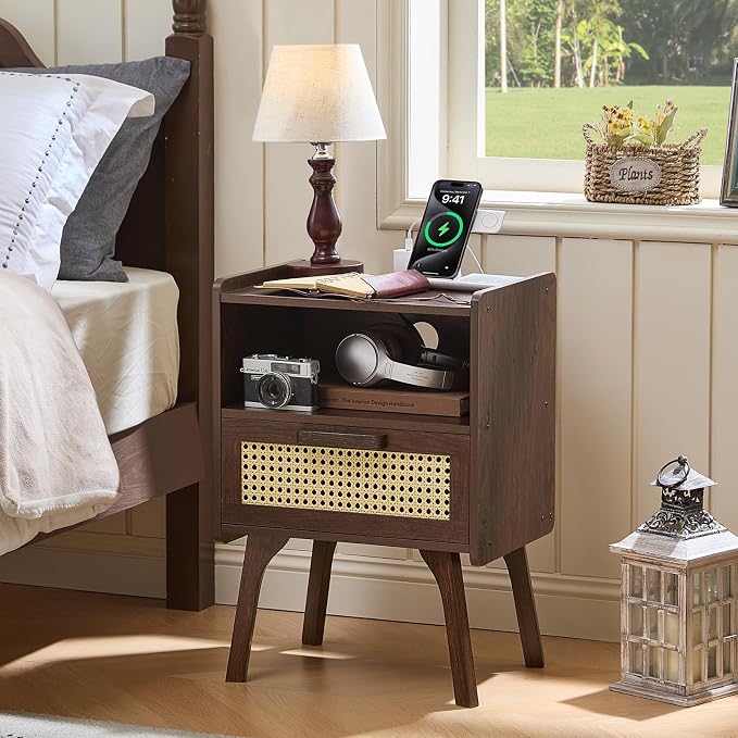 Lerliuo Rattan Nightstand with Charging Station, Walnut Bedside Table with - Image 6