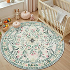 PLHXFR Round Area Rug Living Room: 4 ft Floral Washable Carpet Green Beige | - Image 5