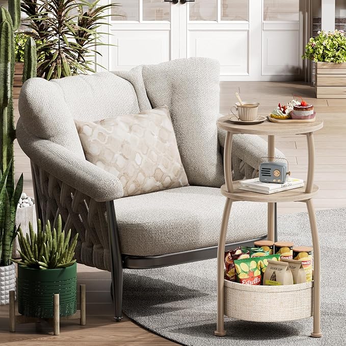 Small Side Table with Storage Basket, Space Saving Round End Table 3-Tier - Image 7
