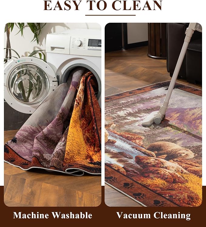 Rustic Cabin Area Rug for Bedroom 4x6, Machine Washable Forest Bear Rug - Image 6