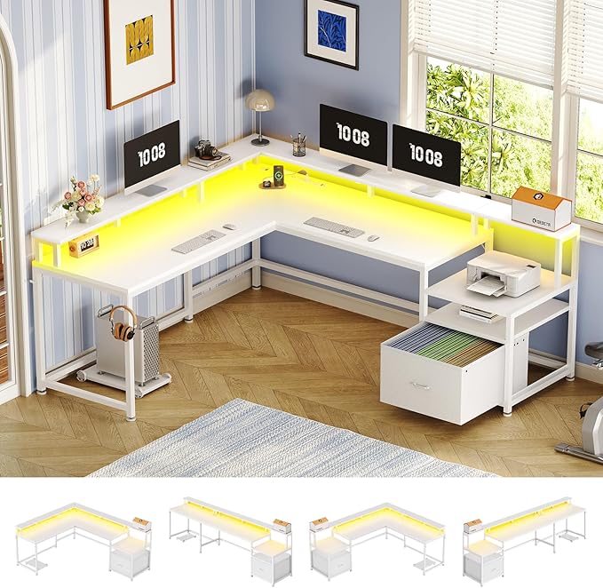 SEDETA 66" L Shaped Desk with Power Outlet, Reversible Home Office Computer by SEDETA