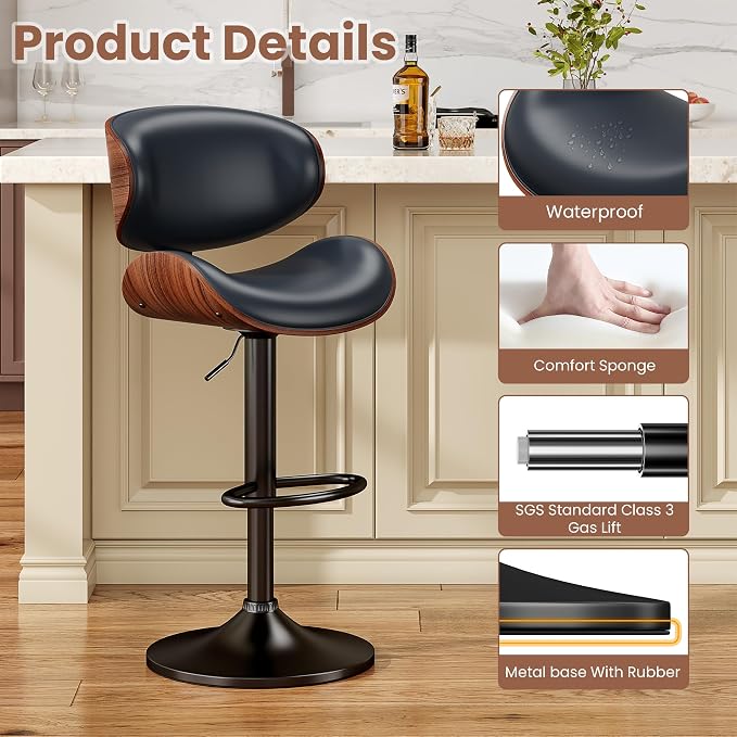 YaFiti Swivel Bar Stools, Adjustable Bentwood Barstools, Modern PU Leather - Image 5