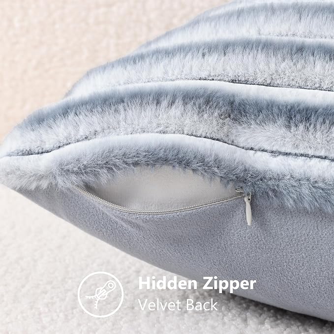 decorUhome Fall Faux Fur Throw Pillow Covers 22x22 Set of 2 Grey White | - Image 8
