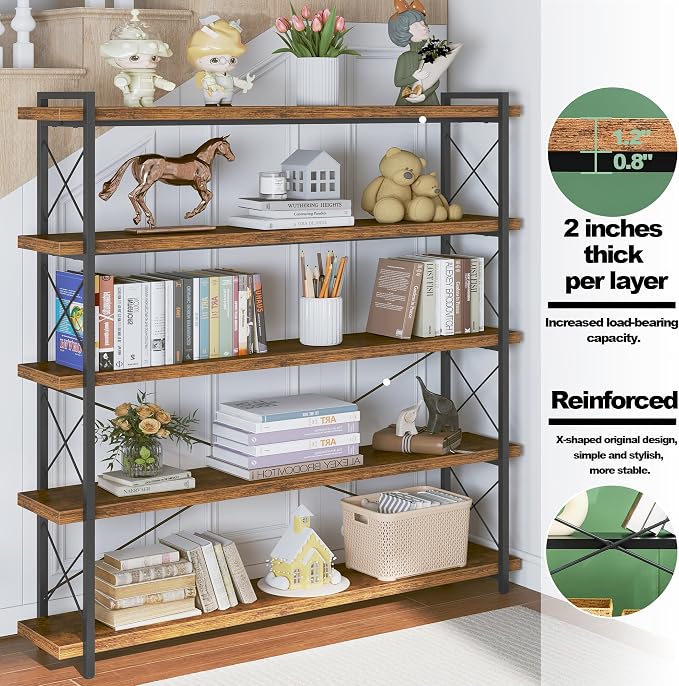 HCHQHS Large Bookshelf, 5-Tier Long Industrial Bookcase, Rustic Brown Book Shelf - Image 5