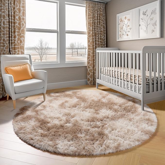 Tie-Dye Beige Round Area Rug 4ft, Soft Bedroom Circle Rugs Floor Mats - Image 8