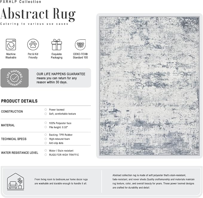 9x12 Area Rug Living Room: Modern Washable Soft Carpet Blue Grey | - Image 2