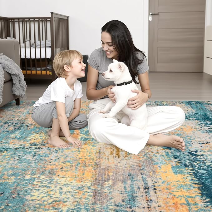 2.6x14 Washable Runner Rug:Modern Abstract Soft Carpet Rosy Haze | - Image 2