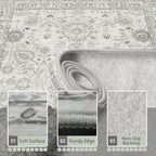 Grey Floral Area Rug 4x6 for Bedroom Dining Room | Boho Style; Low Pile; Non - Image 5