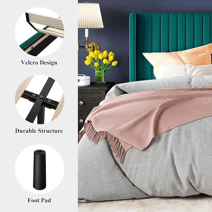 Allewie Queen Size Bed Frame/Velvet Upholstered Platform Bed/Vertical Channel - Image 7