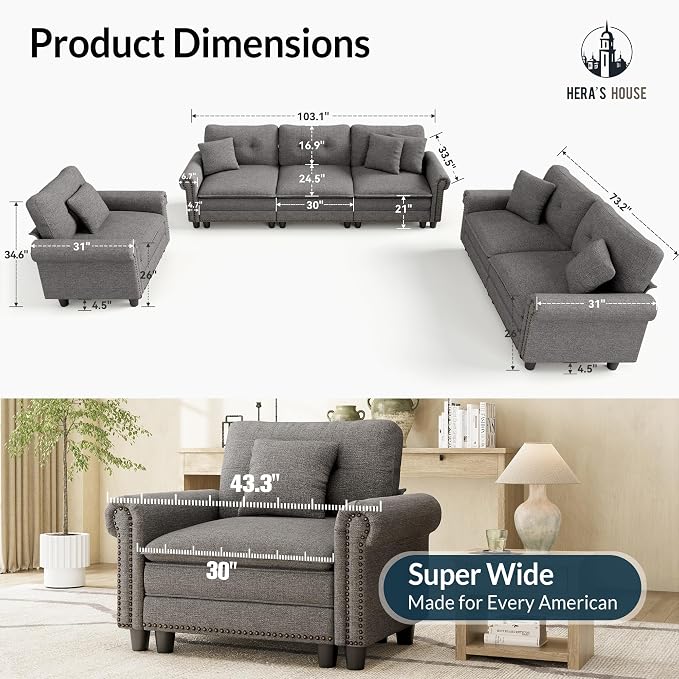HERA'S HOUSE 3 Pieces Modular Sectional Sofa Sets, Oversized Couch Set - Image 2