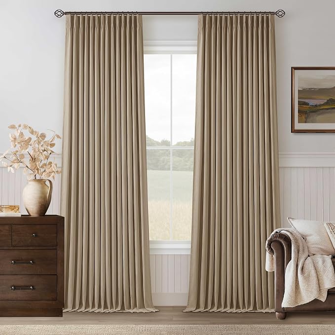 Light Brown Pinch Pleated 100% Blackout Linen Bedroom 96 Inch Curtains | Double by Twodrapes