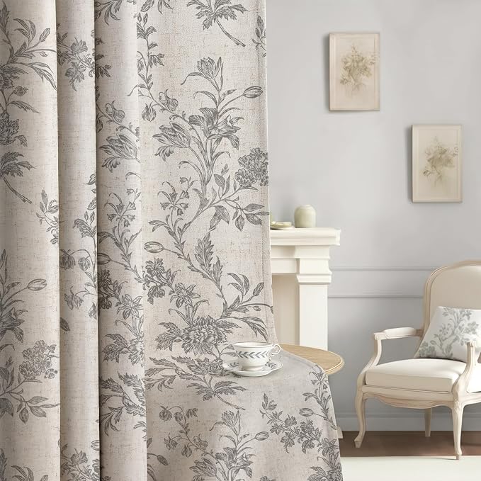 Grey Boho Floral 100% Blackout Curtains 84 Inch 2 Panels | Farmhouse Vintage by Unknown