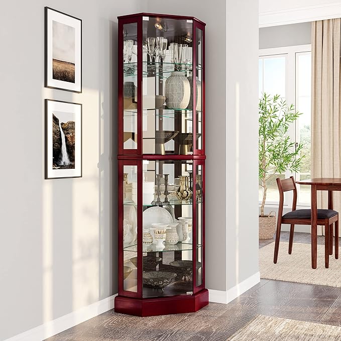 BELLEZE Lighted Corner Display Curio Cabinet Wooden Curved Shelving Unit by BELLEZE