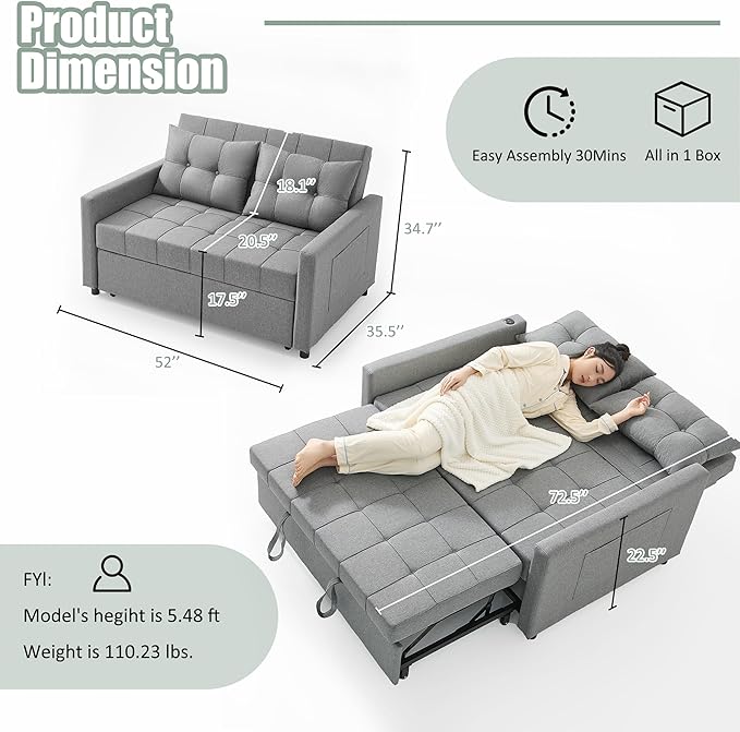 GOSUHI 52" Sleeper Sofa with Pull-Out Bed, 3-in-1 Convertible Sofa Bed - Image 2