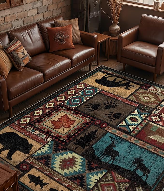 Rustic Cabin Area Rug 6x9, Machine Washable Lodge Bear Rug, Non-Slip Low Pile by YIHOUSE