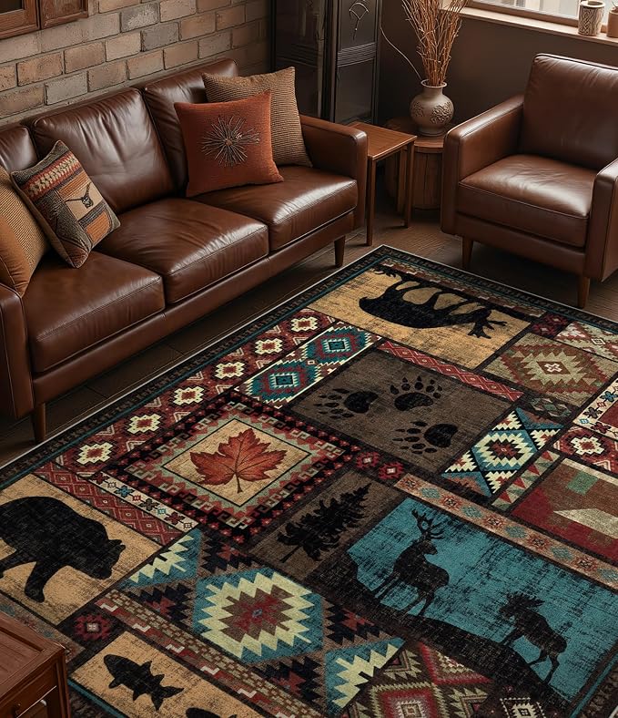 Rustic Cabin Area Rug 8x10, Machine Washable Lodge Bear Rug, Non-Slip Low Pile by YIHOUSE