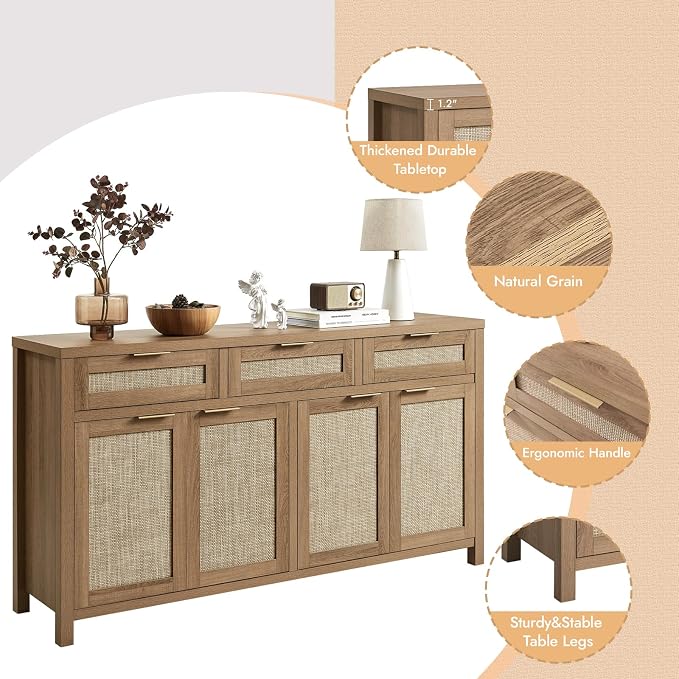 HOKYHOKY 2 Piece Rattan Sideboard Buffet Cabinet, Boho Storage Cabinet - Image 8