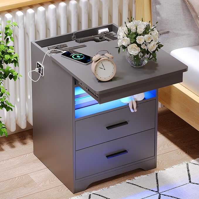 LED Night Stand with Gun Drawer, Bedside Table with Charger Station & Human by FREDEES
