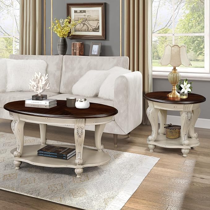 Solid Wood End Table, 2-Tier Round Sofa Side Table - Image 5