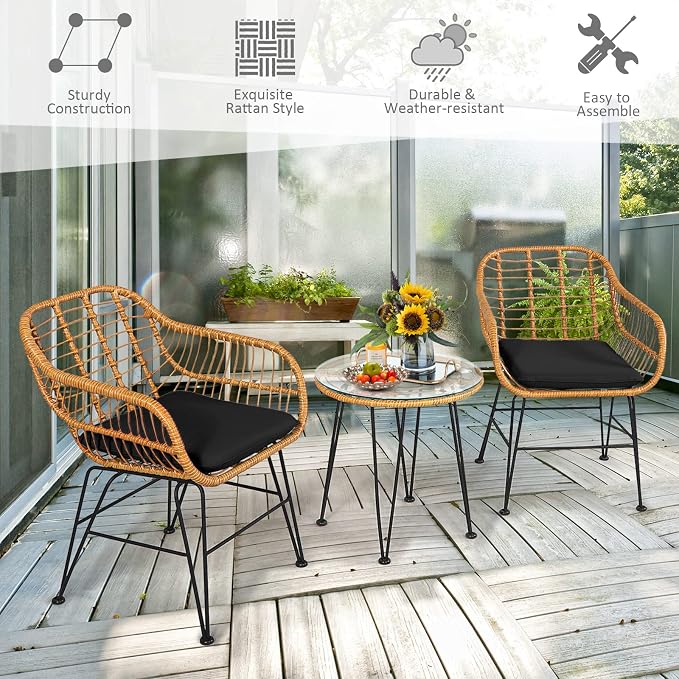 Tangkula 3 Pieces Patio Bistro Set, Rattan Conversation Set - Image 8