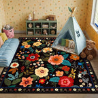 RELEANY Floral Washable Square 6ft Area Rug Black | Flower Carpet Print Boho - Image 9