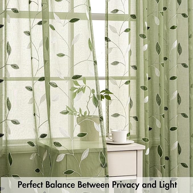 MIULEE Sage Green Sheer Curtains 2 Panels Leaf Patterned, W52 x L84 | - Image 5