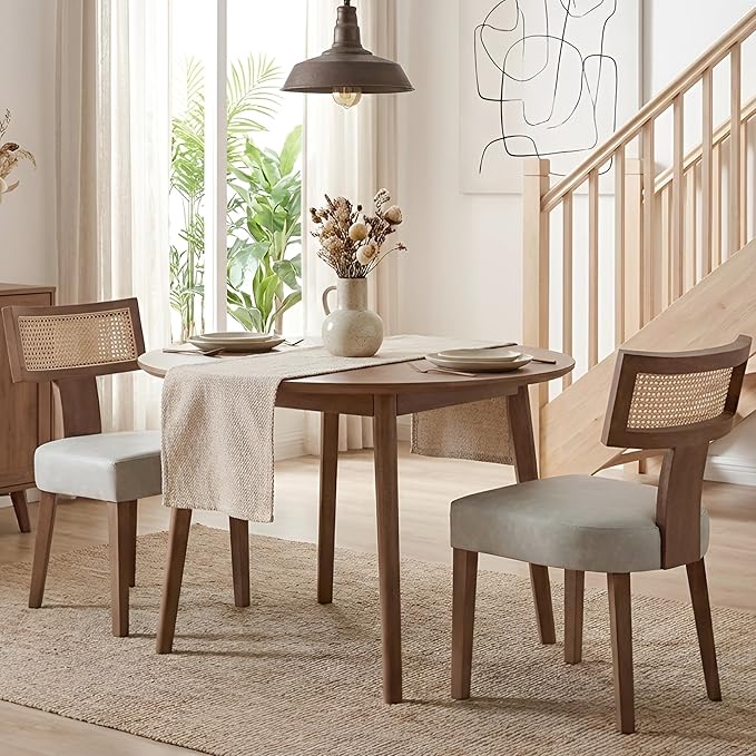HNY Mid Century Modern Rattan Dining Chairs Set of 2, Farmhouse PU Leather by HNY