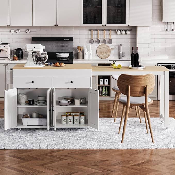 74.5 Inch Kitchen Island with Extendable Dining Table, Rolling Kitchen Island - Image 2