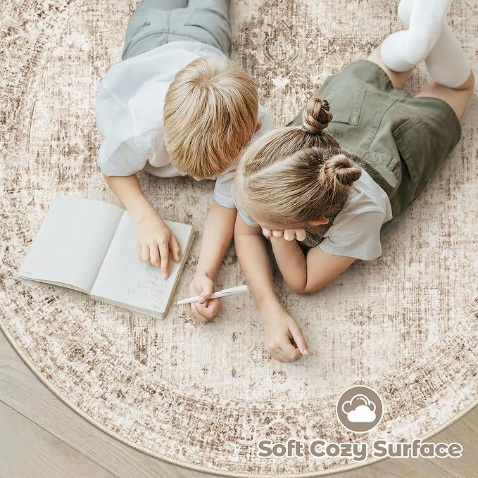 Round Rugs 6ft Washable Rug, Vintage Boho Medallion Rugs Non-Slip Soft Low Pile - Image 5