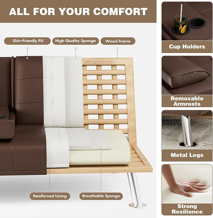 Homall Futon Sofa Bed, Leather Futon Couch - Image 5