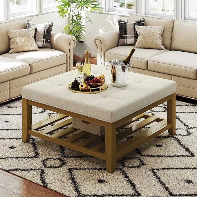 Befurtori Large Square Ottoman Coffee Table, Linen Solid Upholstered Footrest by Befurtori