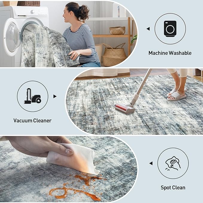 5x7 Area Rugs for Living Room: Washable Abstract Blue Multi Badroom Carpet | - Image 3