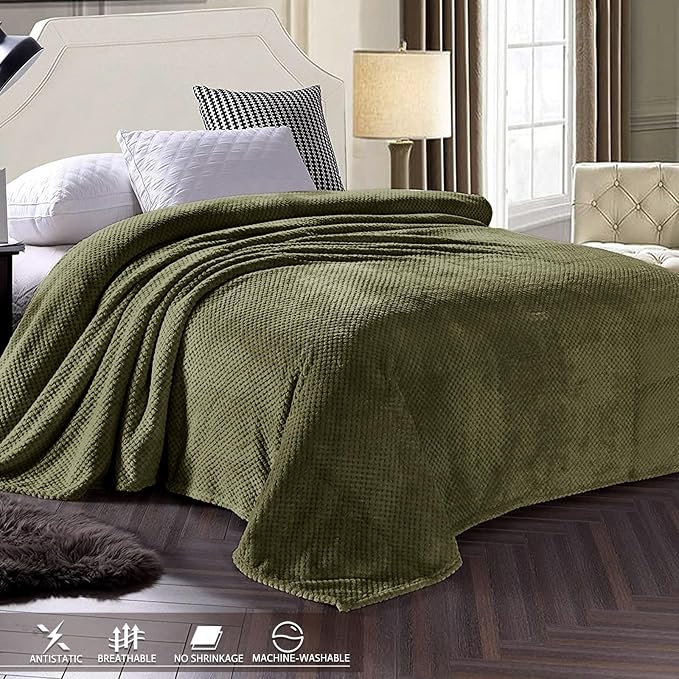 Exclusivo Mezcla Soft Waffle Fleece Bed Blanket King Size, Olive | Lightweight - Image 3
