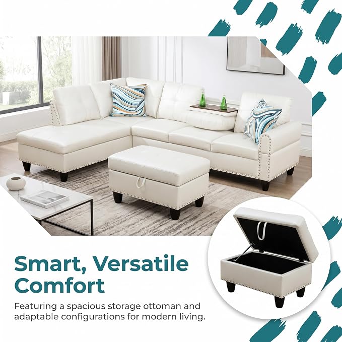 97.5" White L Shaped Couch Set Leather, Modular Sectional Couches - Image 5