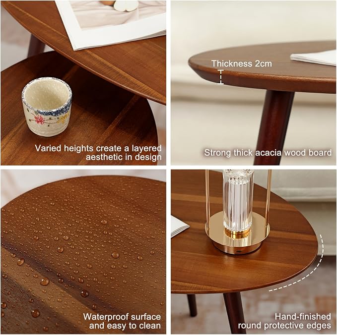 Small Oval Coffee Tables Set, Acacia Wood Nesting Tables（25.6"x17.7"+17.7"x13.4" - Image 4