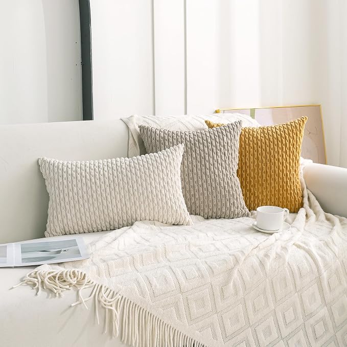 Set of 4 Cream White Decorative Throw Pillow Covers 16x16 Inch Corduroy Pillow - Image 3