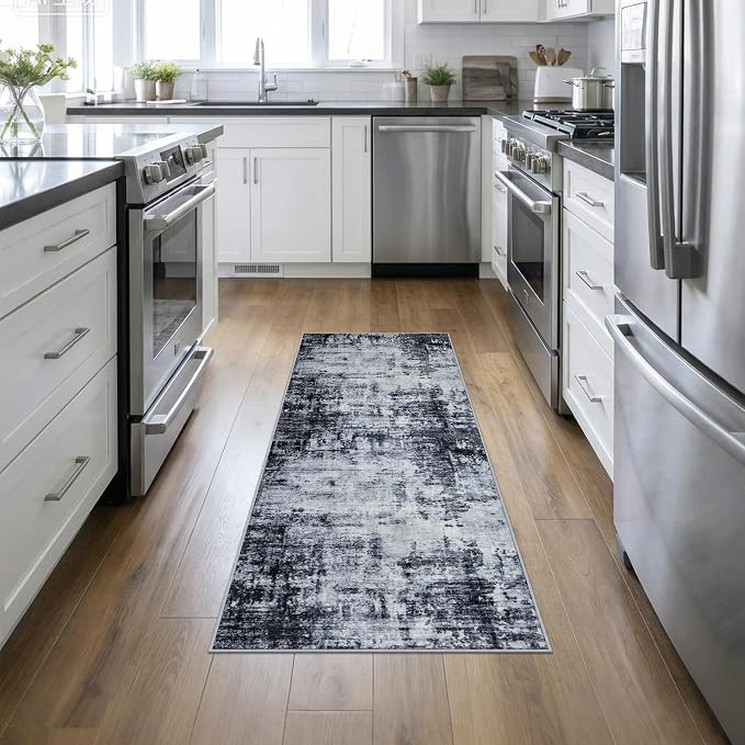 2x6 Washable Runner Rug：Modern Abstract Soft Carpet Dark Black | by FXRHLP