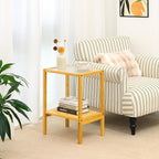 2-Tier Bamboo Side Table, Modern Glasstop Rattan Side Table, Mid Century Wood - Image 5