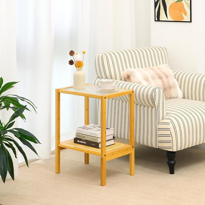 2-Tier Bamboo Side Table, Modern Glasstop Rattan Side Table, Mid Century Wood - Image 5