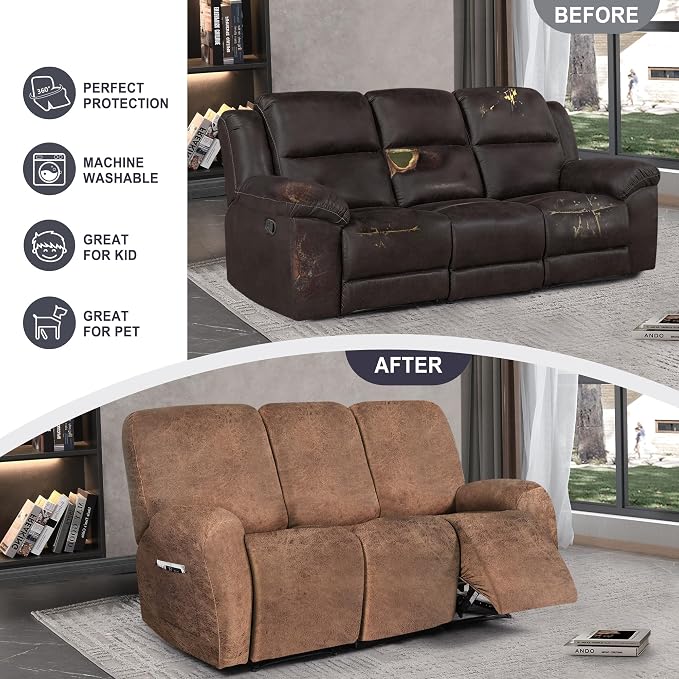 ANARACHON Leather Look Recliner Couch Cover, 8-Pieces Stretch Recliner Sofa - Image 6