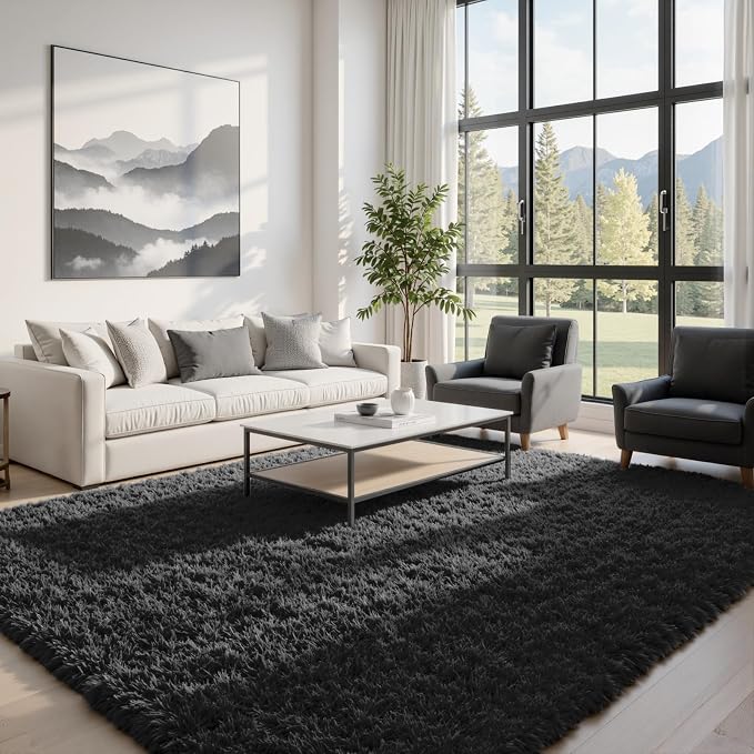 5x7 Fluffy Shag Area Rugs for Living Room Bedroom: Soft Plush Carpet Black | - Image 2