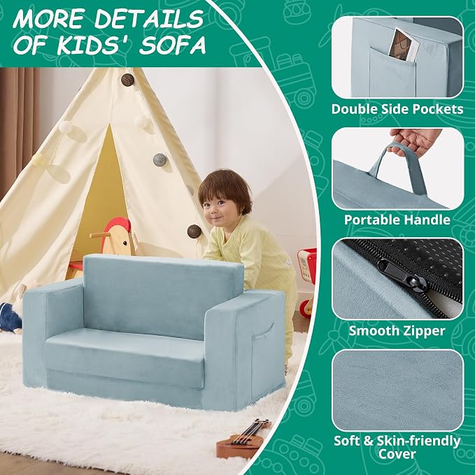 Kids Couch, 2-in-1 Toddler Chair Comfy 1-3 Years, Convertible Kids Chair - Image 7