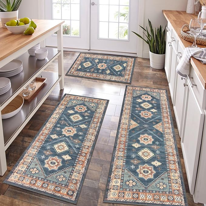 HEBE Boho Kitchen Rugs Set of 3, Non Slip Washable Kitchen Mats by HEBE